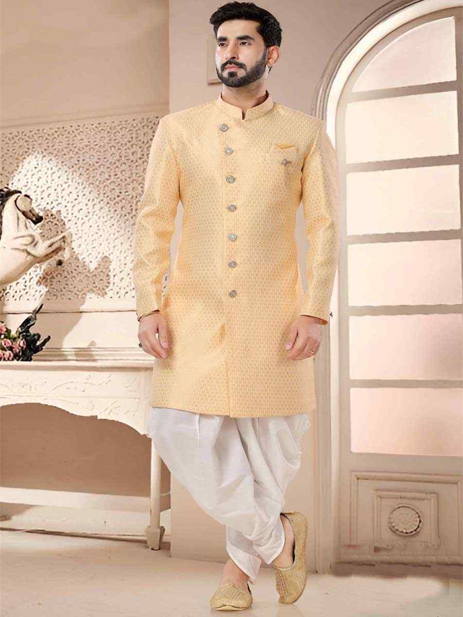 Yellow Jacquard Woven Festival Wedding Kurta