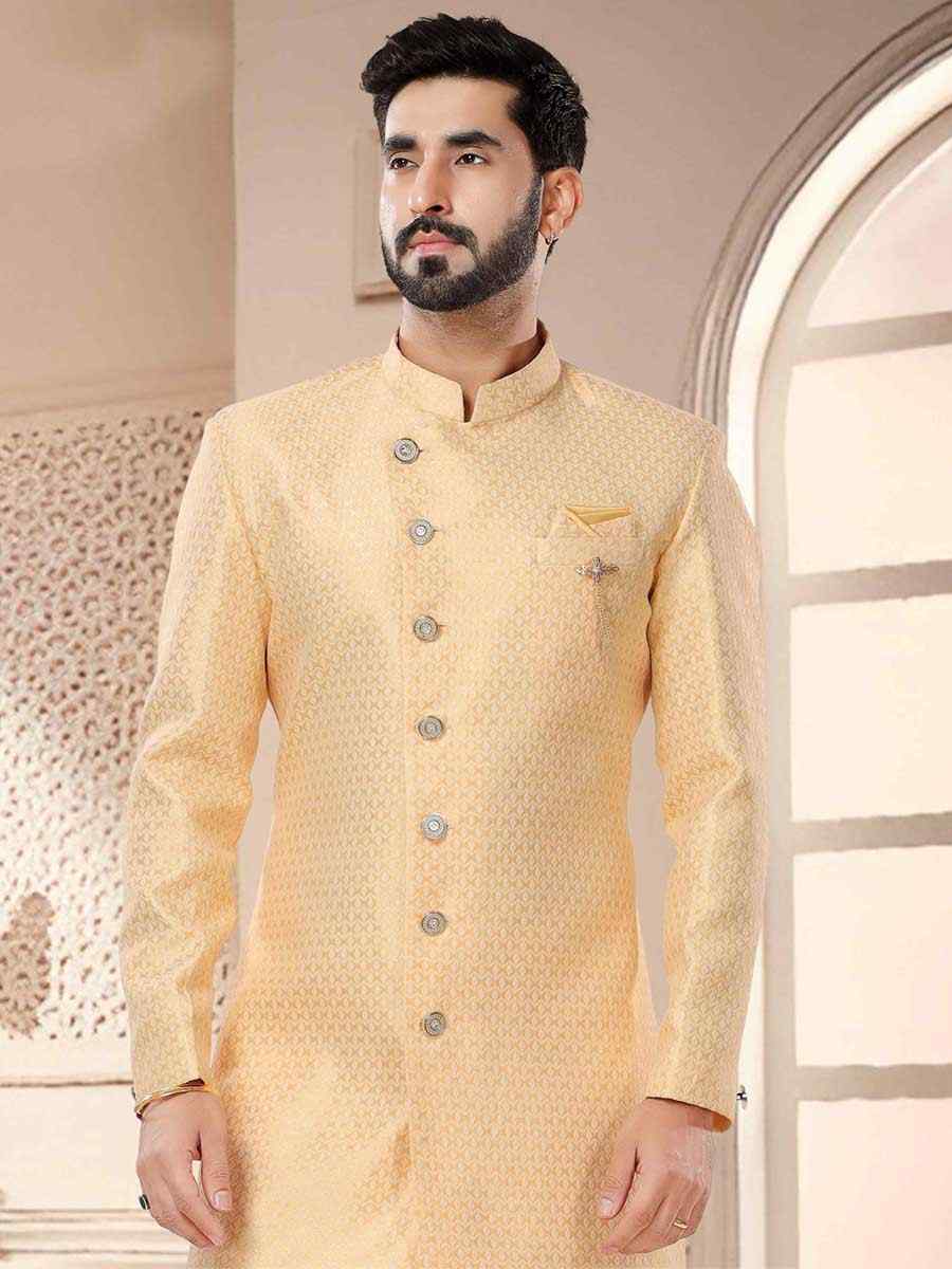 Yellow Jacquard Woven Festival Wedding Kurta