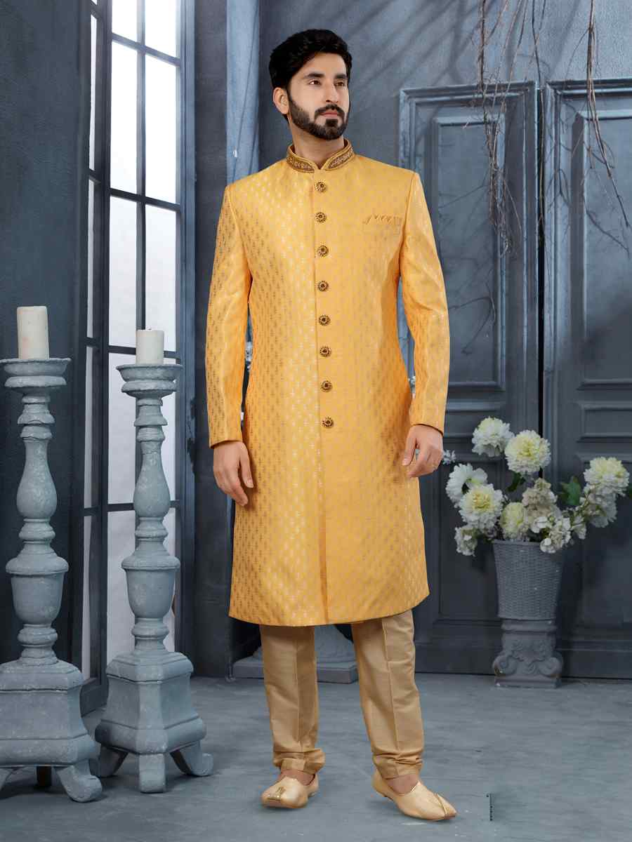 Yellow Jacquard Woven Festival Wedding Sherwani