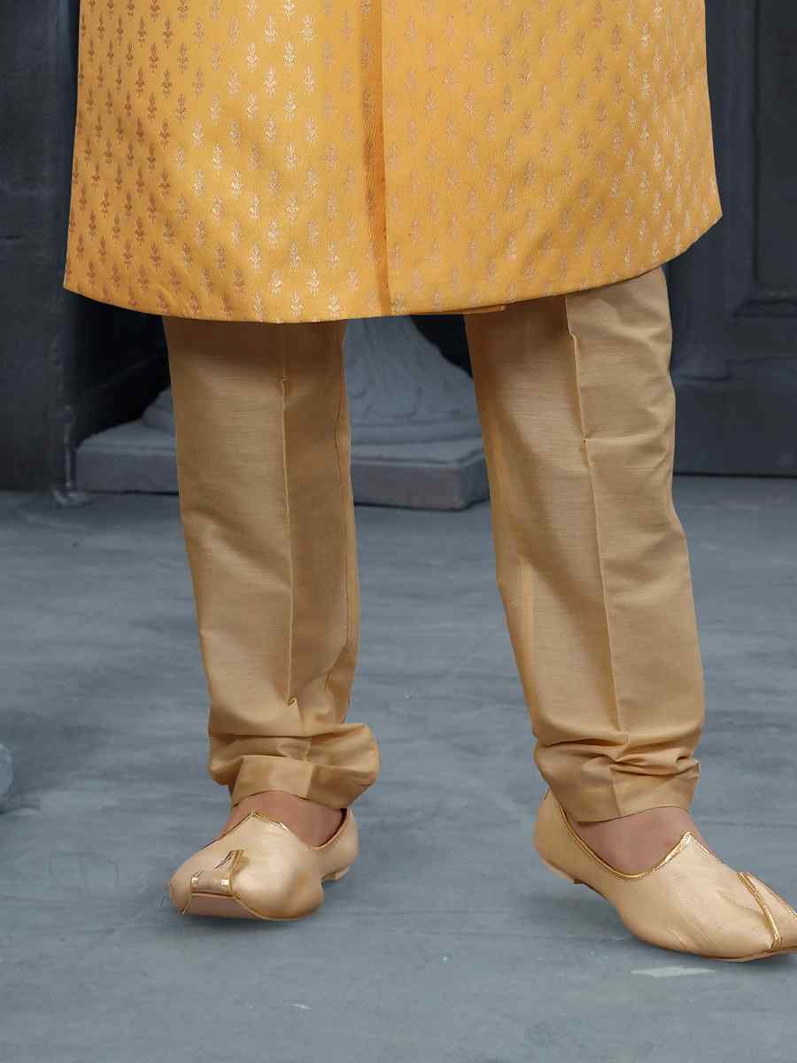 Yellow Jacquard Woven Festival Wedding Sherwani