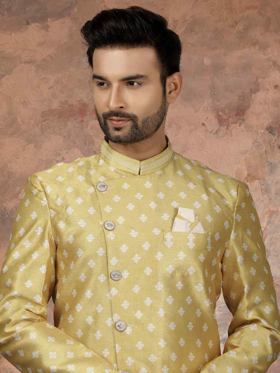 Yellow Jacquard Woven Festival Wedding Sherwani