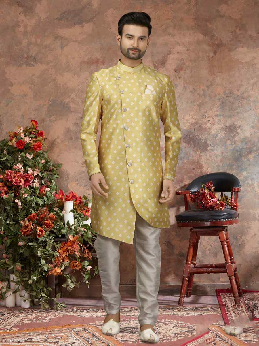 Yellow Jacquard Woven Festival Wedding Sherwani