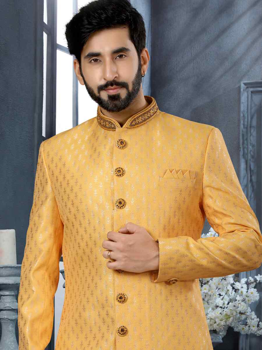 Yellow Jacquard Woven Festival Wedding Sherwani