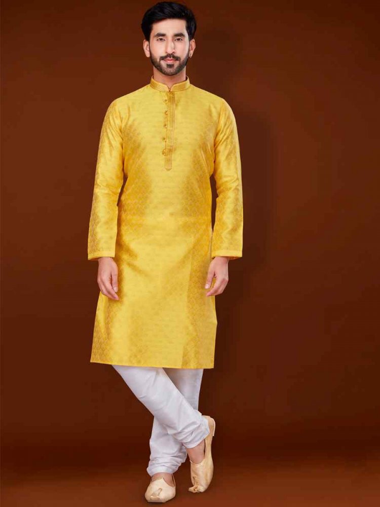 Yellow Jacquard Woven Wedding Festival Kurta