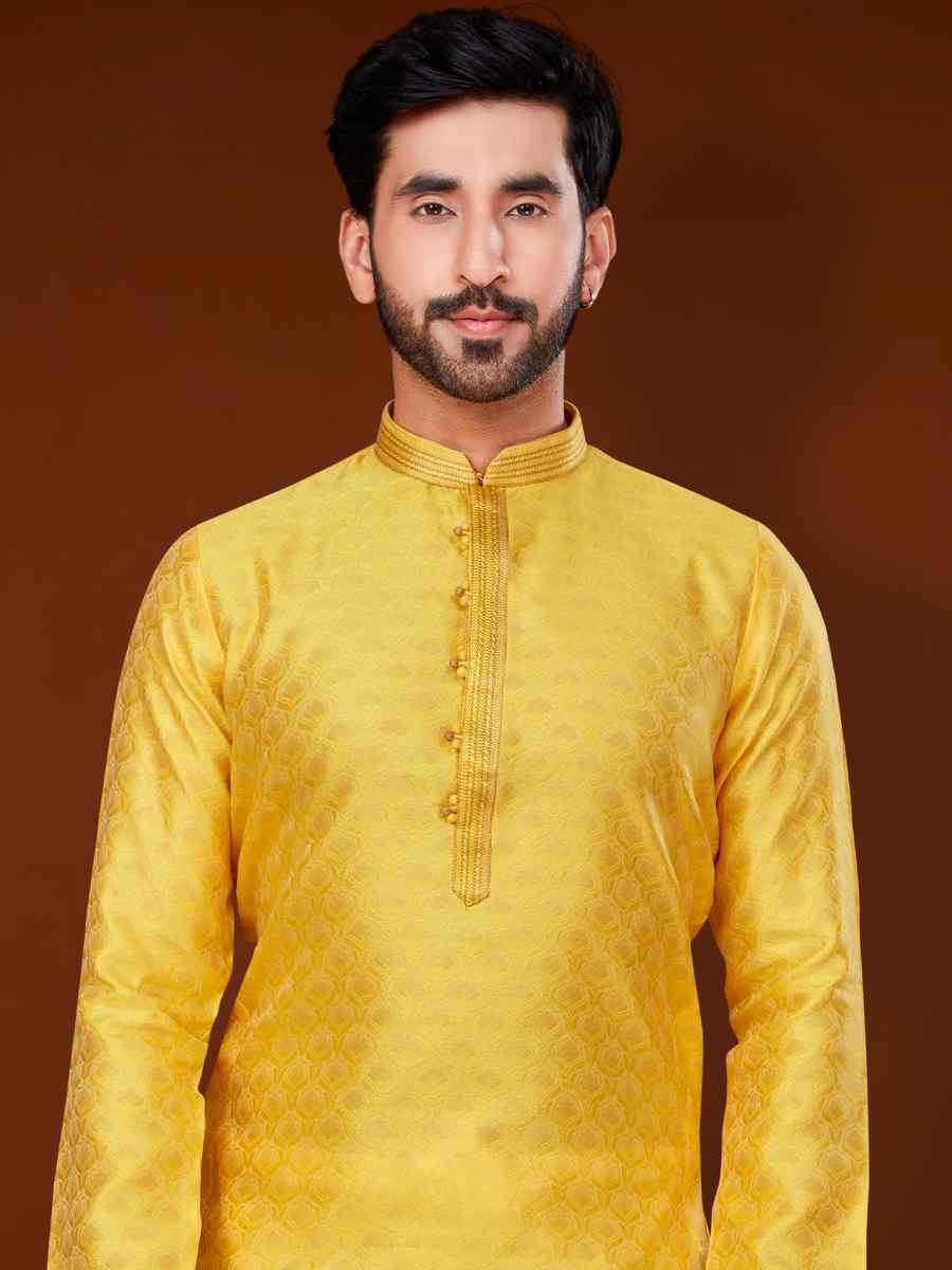 Yellow Jacquard Woven Wedding Festival Kurta