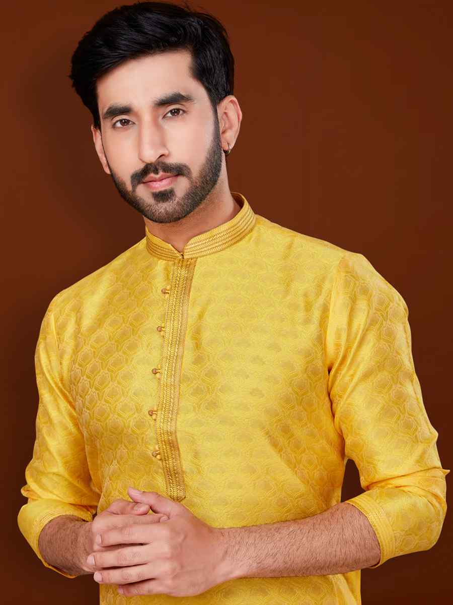 Yellow Jacquard Woven Wedding Festival Kurta