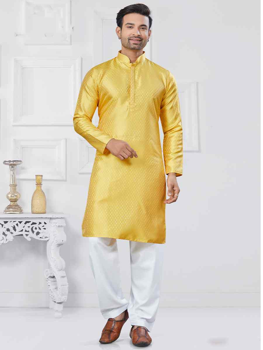 Yellow Jecquard Silk With Digital Print Festival Casual Kurta