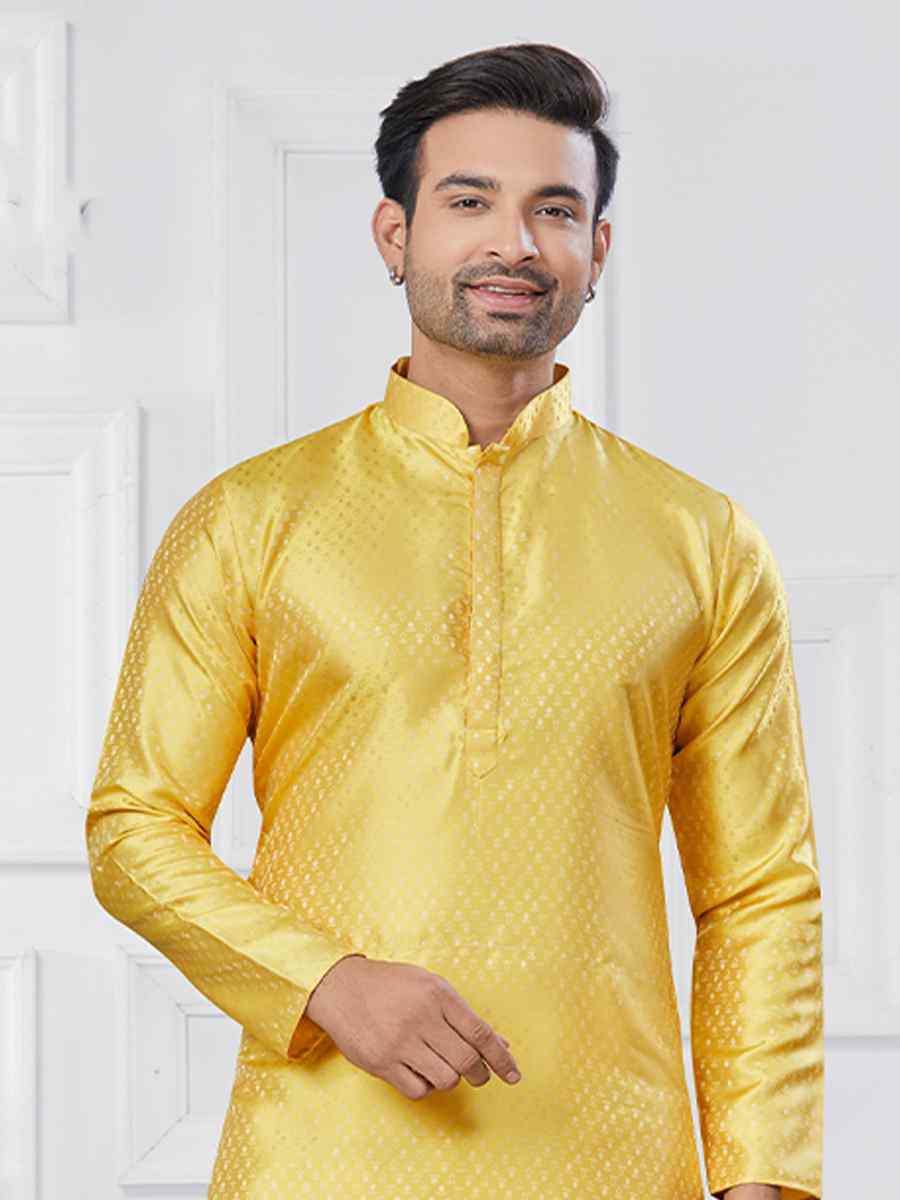 Yellow Jecquard Silk With Digital Print Festival Casual Kurta