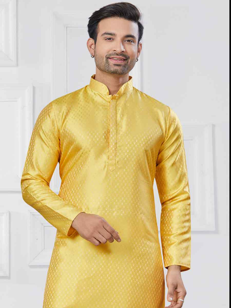 Yellow Jecquard Silk With Digital Print Festival Casual Kurta
