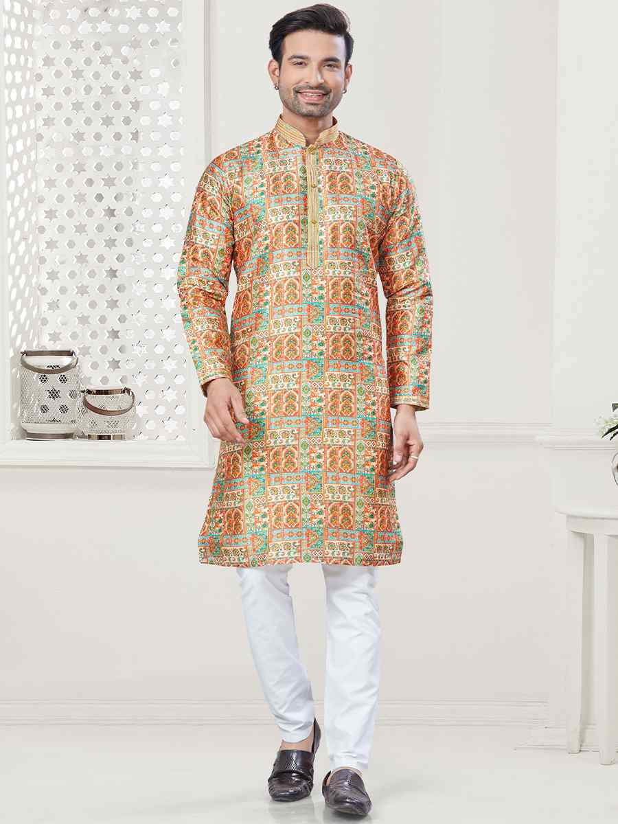 Yellow Jecquard Silk With Digital Print Festival Casual Kurta