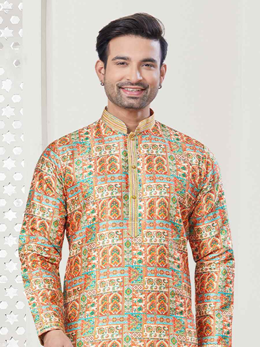 Yellow Jecquard Silk With Digital Print Festival Casual Kurta