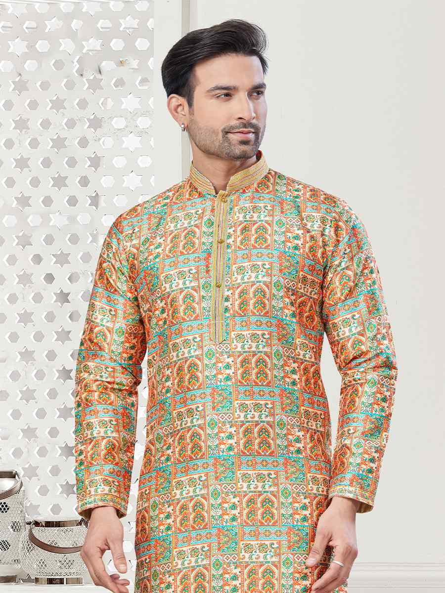 Yellow Jecquard Silk With Digital Print Festival Casual Kurta