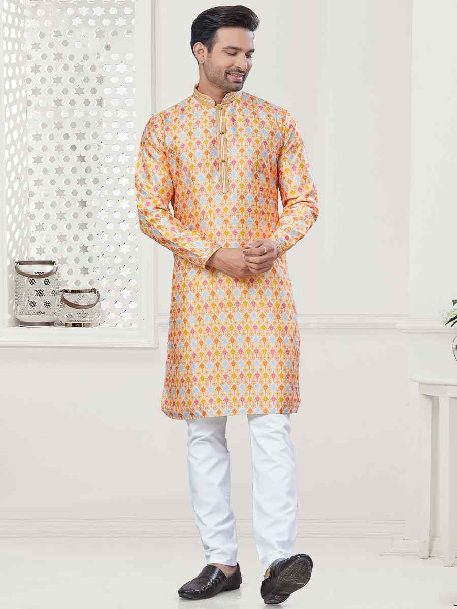 Yellow Jecquard Silk With Digital Print Festival Casual Kurta