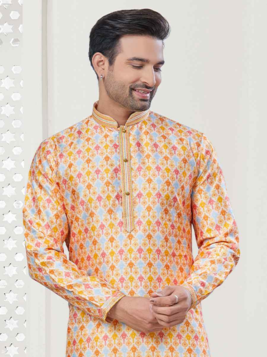 Yellow Jecquard Silk With Digital Print Festival Casual Kurta