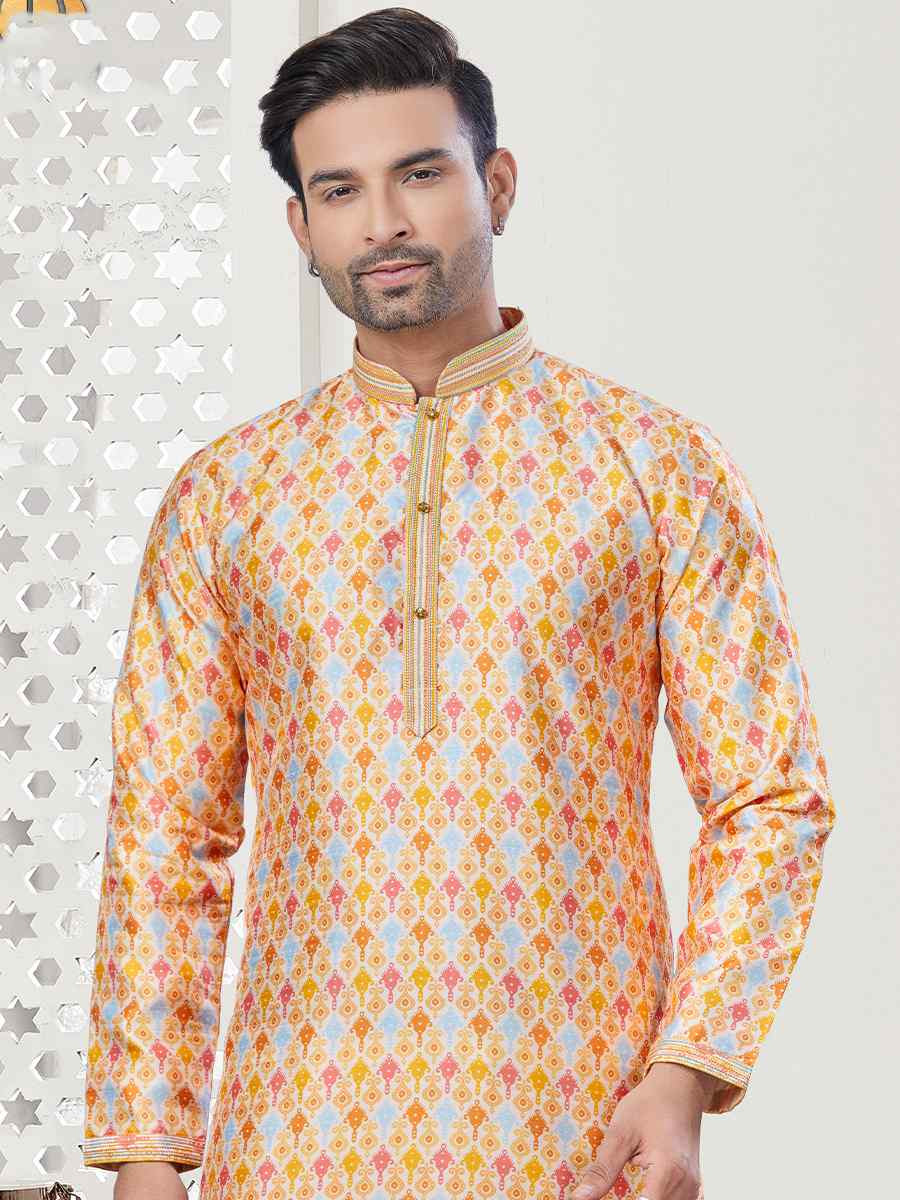 Yellow Jecquard Silk With Digital Print Festival Casual Kurta