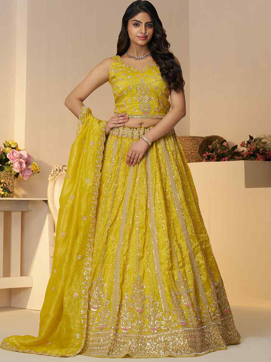 Yellow Jimmy choo Embroidered Wedding Bridesmaid Heavy Border Lehenga Choli