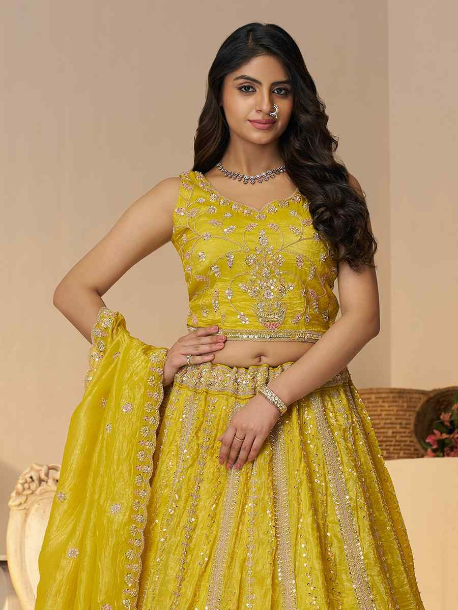 Yellow Jimmy choo Embroidered Wedding Bridesmaid Heavy Border Lehenga Choli