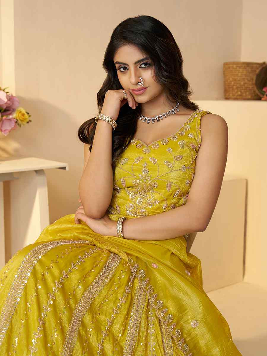 Yellow Jimmy choo Embroidered Wedding Bridesmaid Heavy Border Lehenga Choli