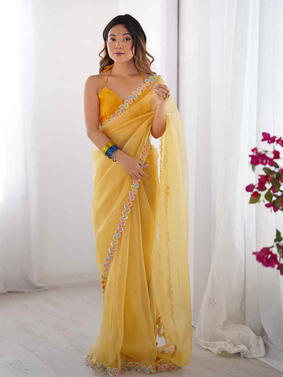 Yellow Jimmy Choo Printed Festival Wedding Fancy Heavy Border Saree