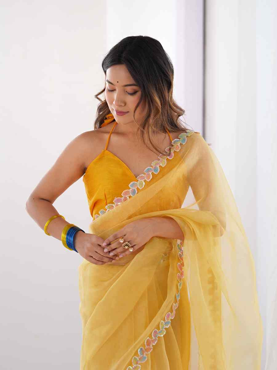 Yellow Jimmy Choo Printed Festival Wedding Fancy Heavy Border Saree