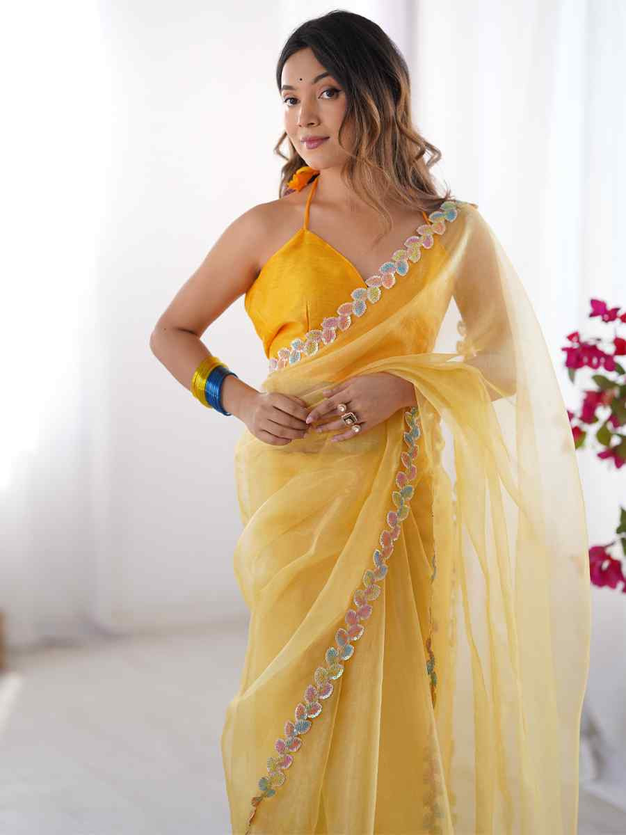 Yellow Jimmy Choo Printed Festival Wedding Fancy Heavy Border Saree