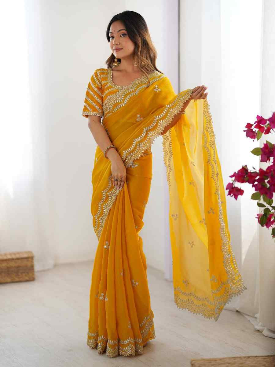 Yellow Jimmy Chu Embroidered Festival Wedding Fancy Heavy Border Saree