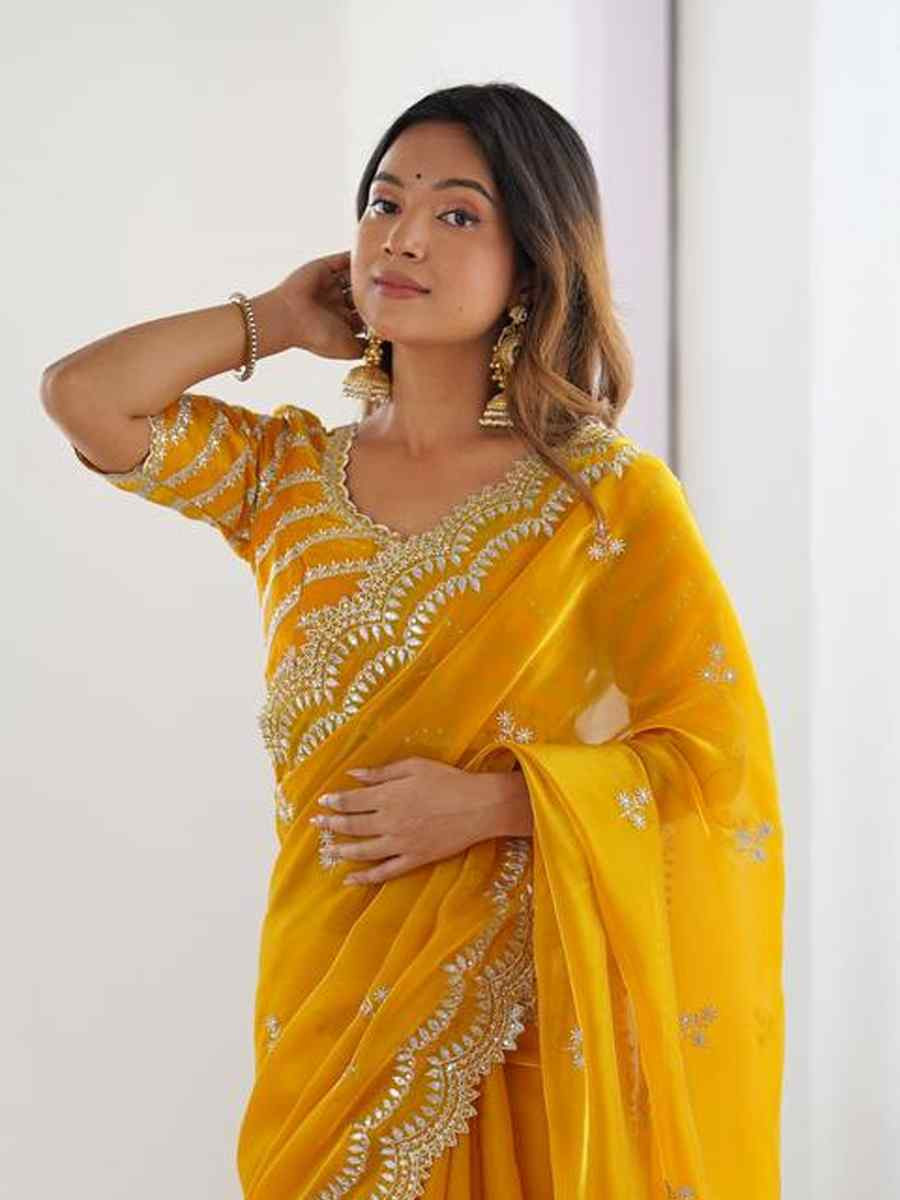 Yellow Jimmy Chu Embroidered Festival Wedding Fancy Heavy Border Saree