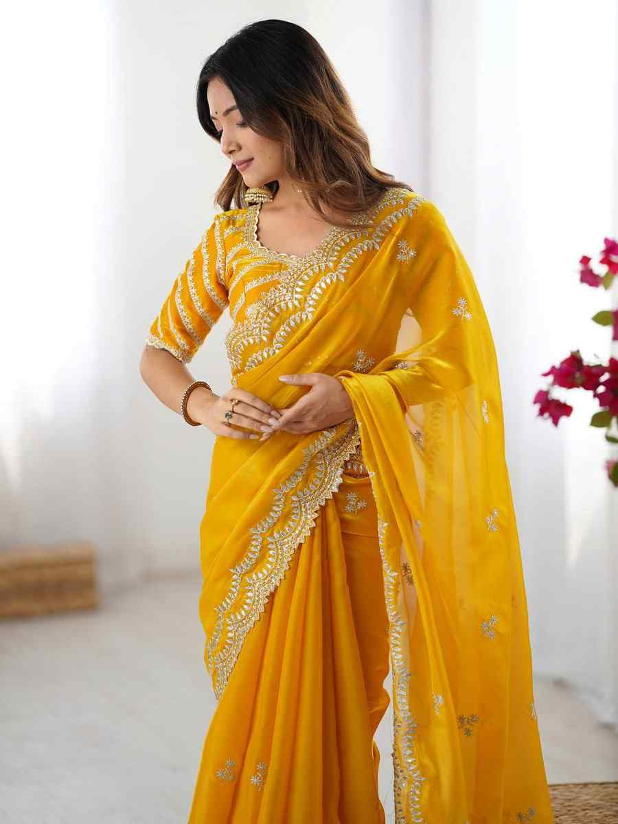 Yellow Jimmy Chu Embroidered Festival Wedding Fancy Heavy Border Saree