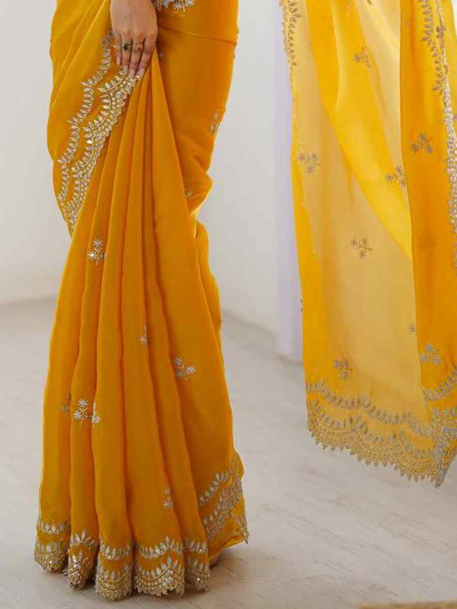 Yellow Jimmy Chu Embroidered Festival Wedding Fancy Heavy Border Saree