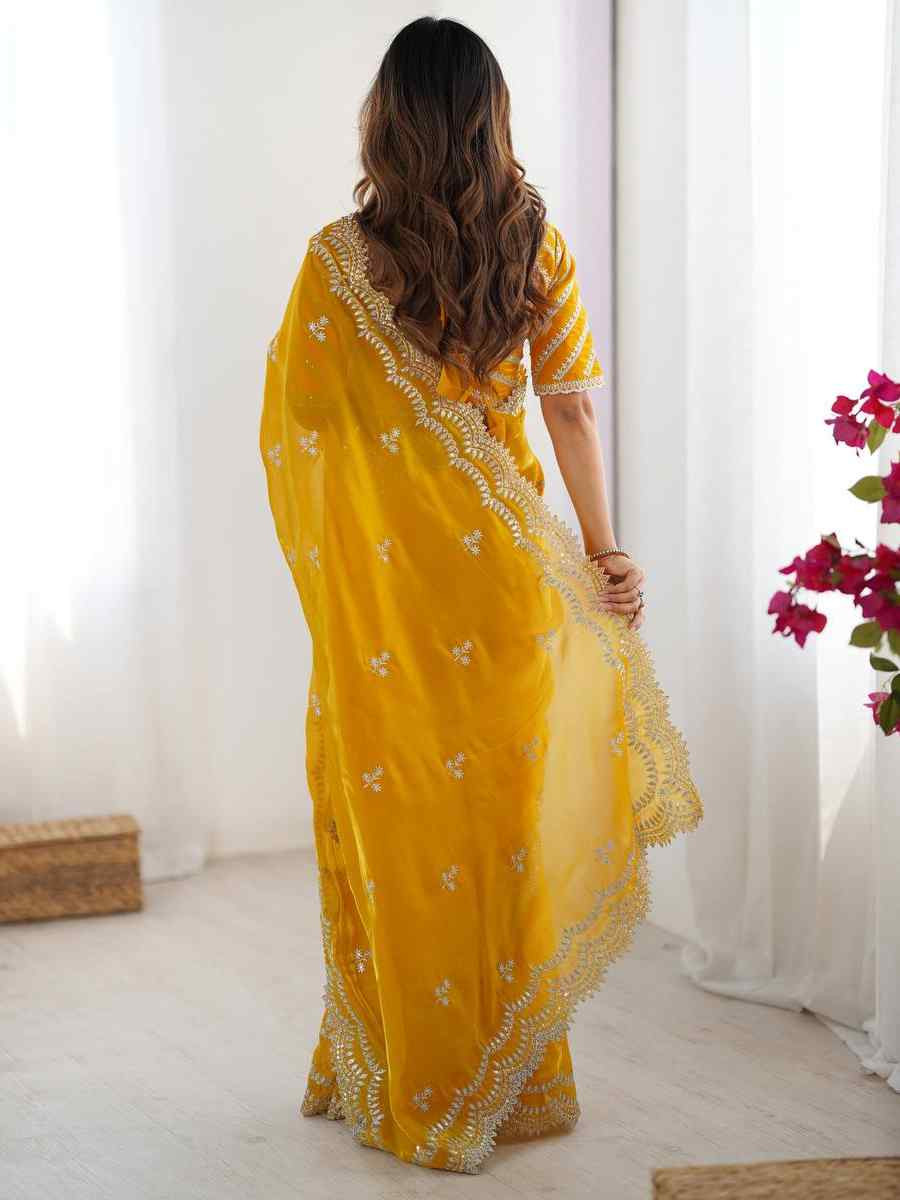 Yellow Jimmy Chu Embroidered Festival Wedding Fancy Heavy Border Saree