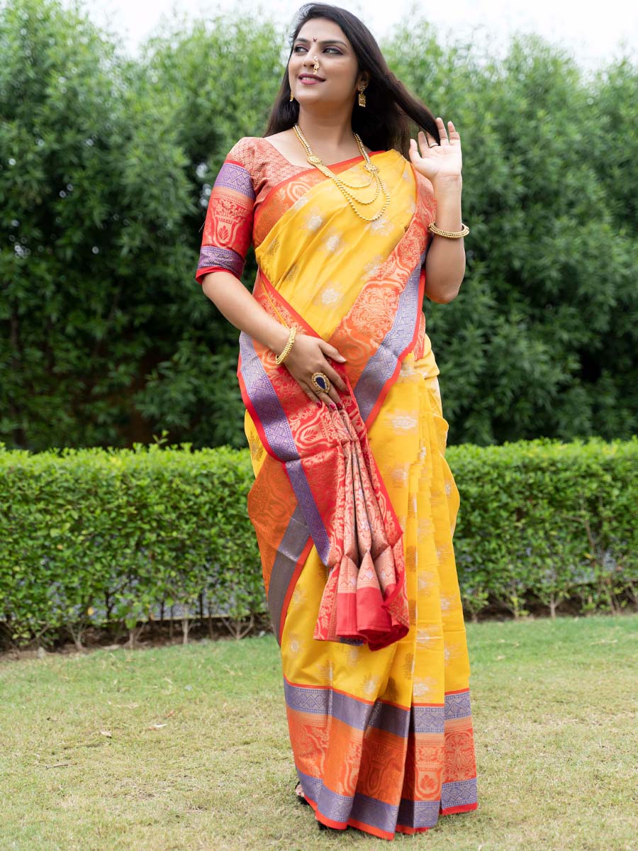 Yellow Kanchipuram Weaving Silk Handwoven Wedding Festival Heavy Border Saree