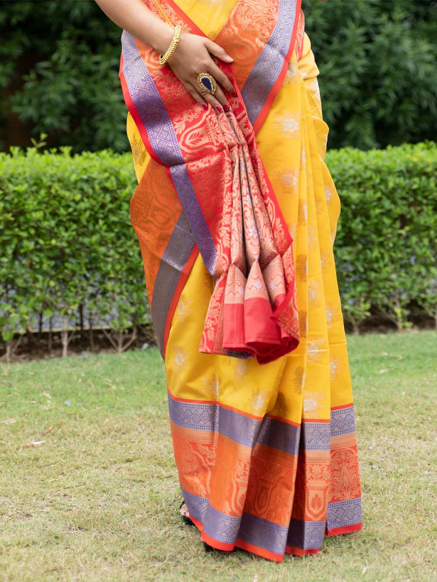 Yellow Kanchipuram Weaving Silk Handwoven Wedding Festival Heavy Border Saree