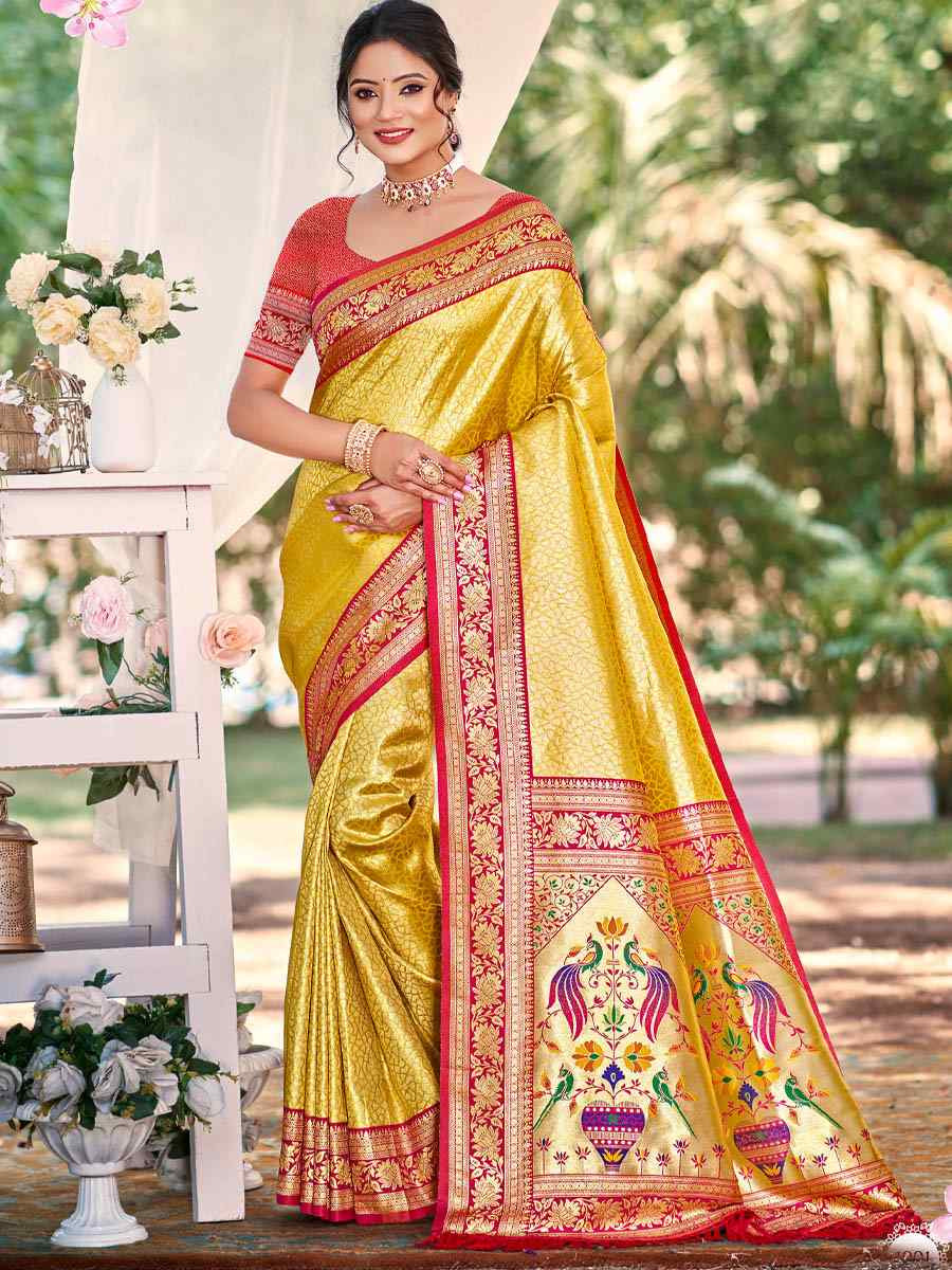 Yellow Kanjivaram Silk Handwoven Traditional Bridal Reception Festival Wedding Fancy Heavy Border Saree