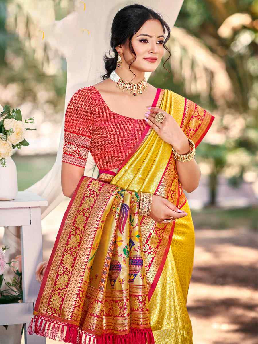 Yellow Kanjivaram Silk Handwoven Traditional Bridal Reception Festival Wedding Fancy Heavy Border Saree