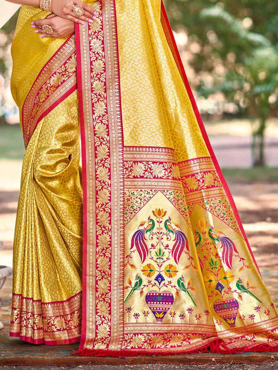 Yellow Kanjivaram Silk Handwoven Traditional Bridal Reception Festival Wedding Fancy Heavy Border Saree