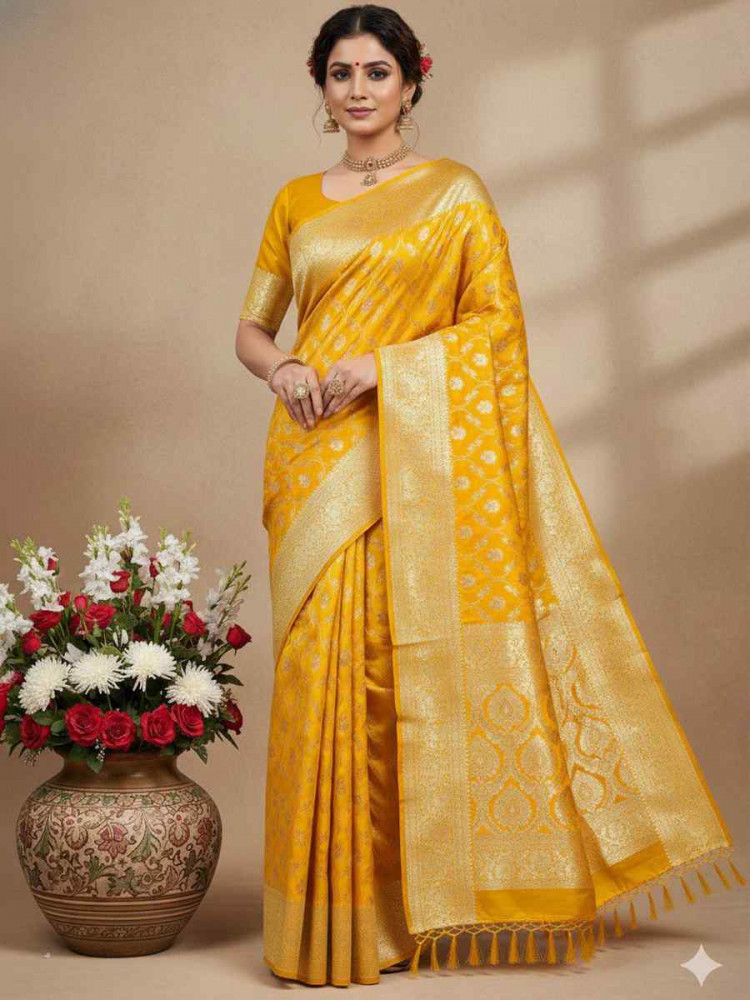 Image of Yellow Kanjivaram silk Handwoven Zari Bridal Reception Festival Wedding Fancy Heavy Border Saree