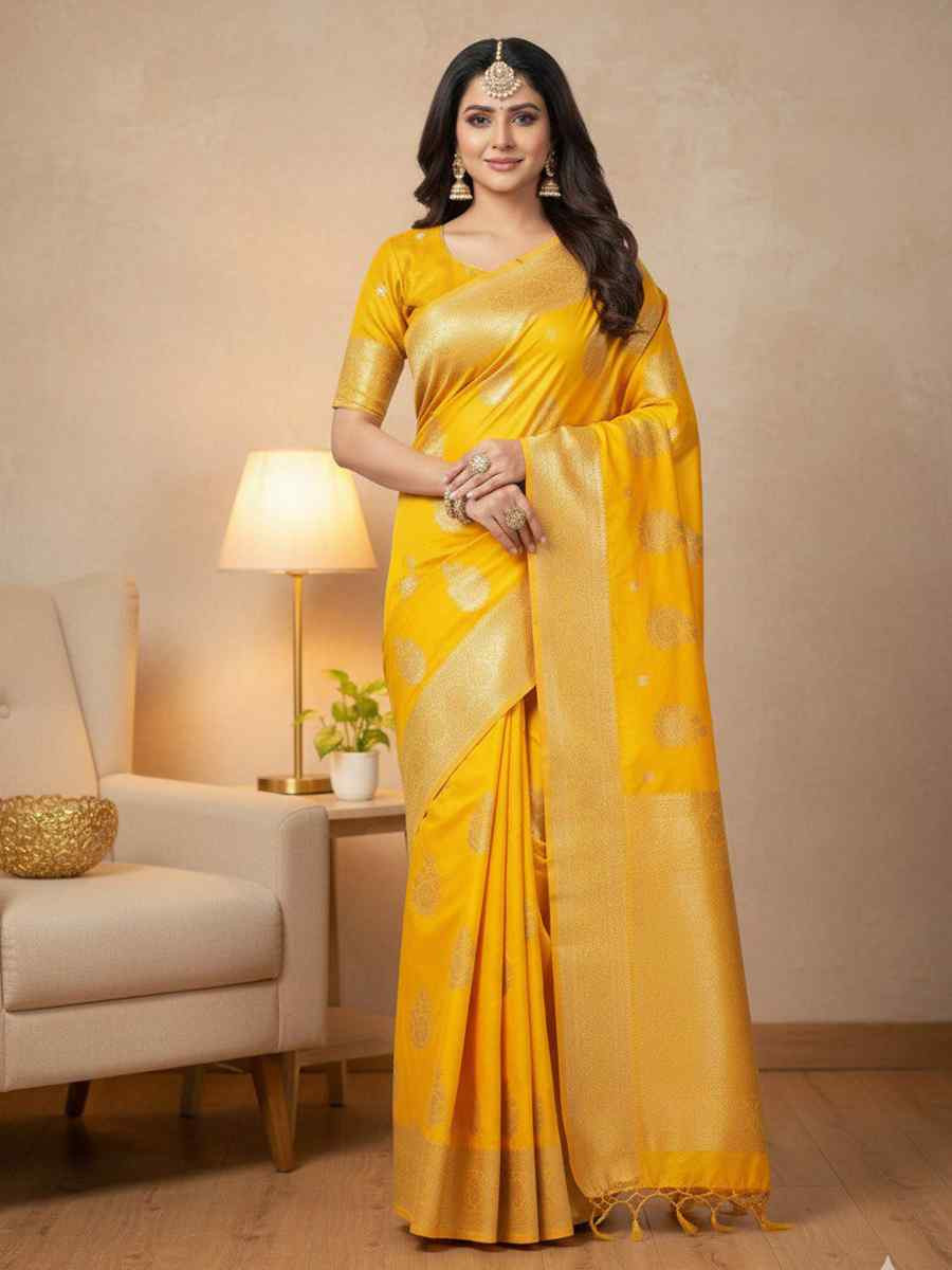 Yellow Kanjivaram silk Handwoven Zari Bridal Reception Festival Wedding Fancy Heavy Border Saree