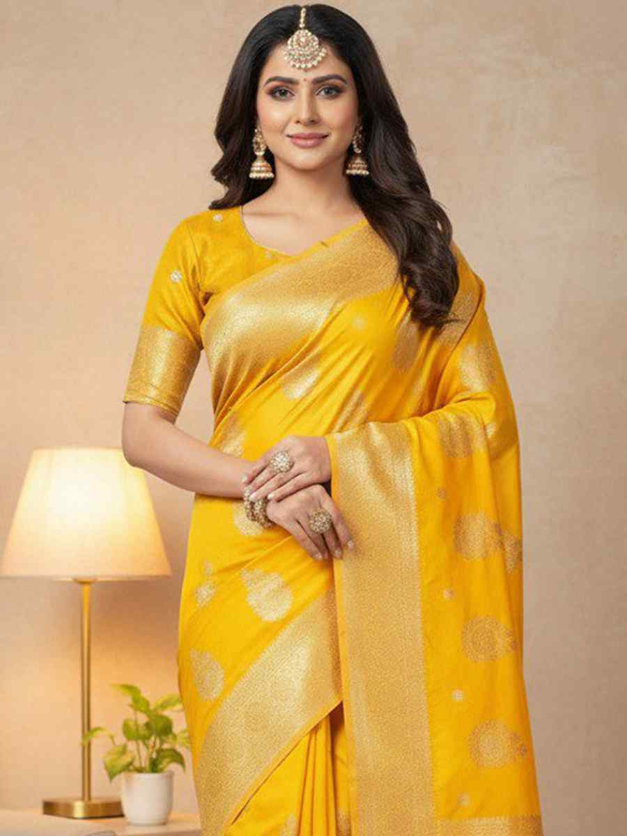 Yellow Kanjivaram silk Handwoven Zari Bridal Reception Festival Wedding Fancy Heavy Border Saree