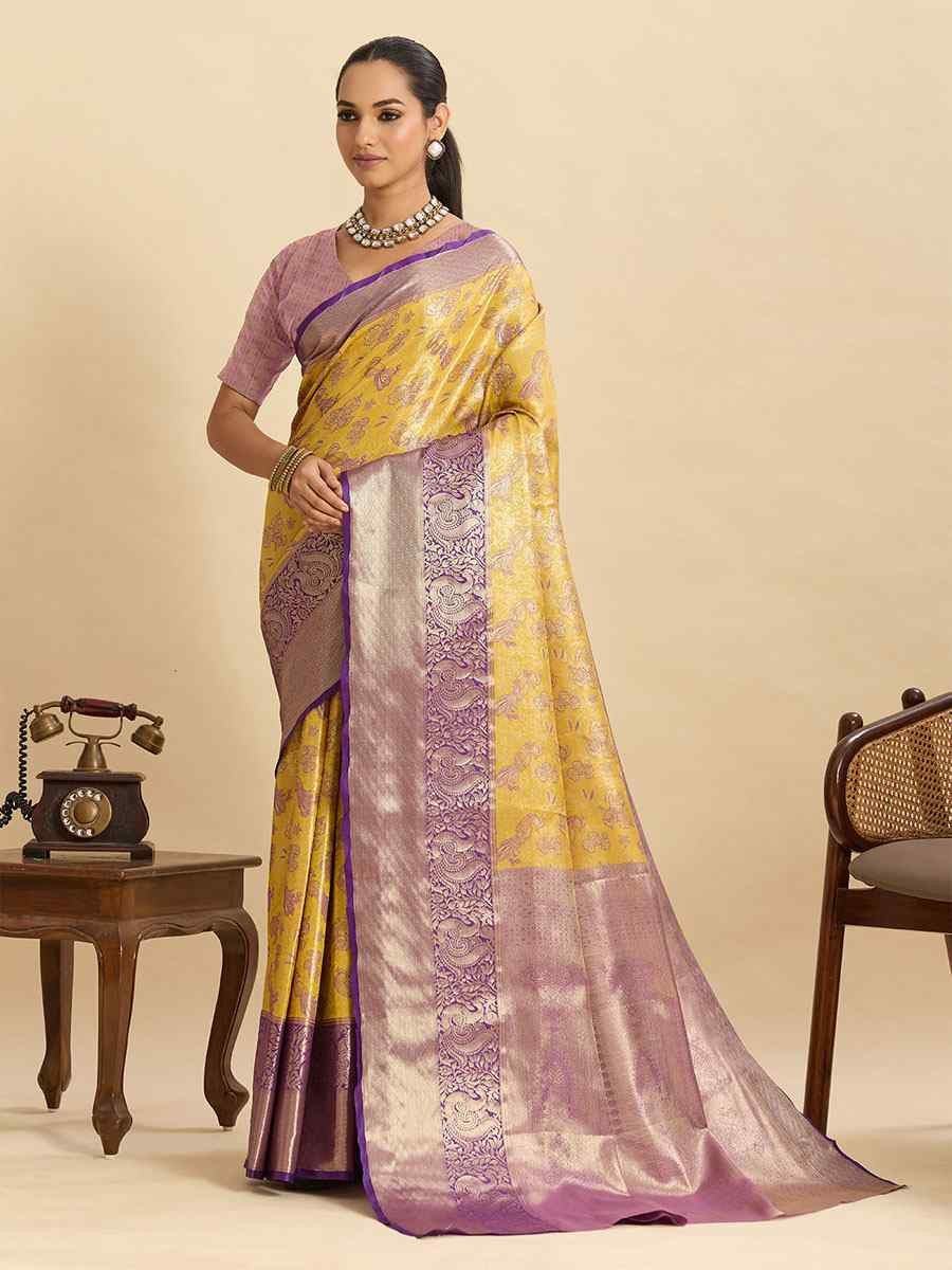 Yellow Kanjivaram Silk Zari Handwoven Bridal Reception Festival Wedding Fancy Heavy Border Saree