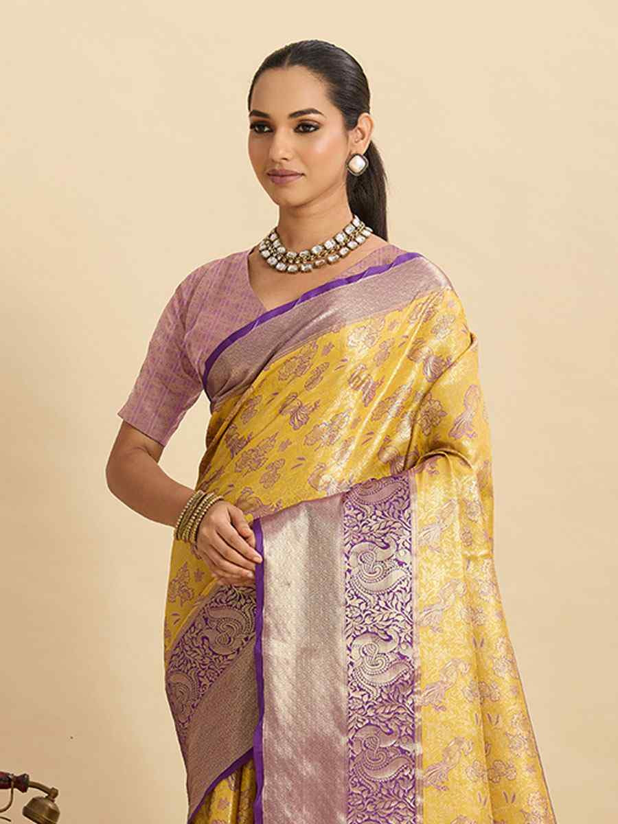 Yellow Kanjivaram Silk Zari Handwoven Bridal Reception Festival Wedding Fancy Heavy Border Saree