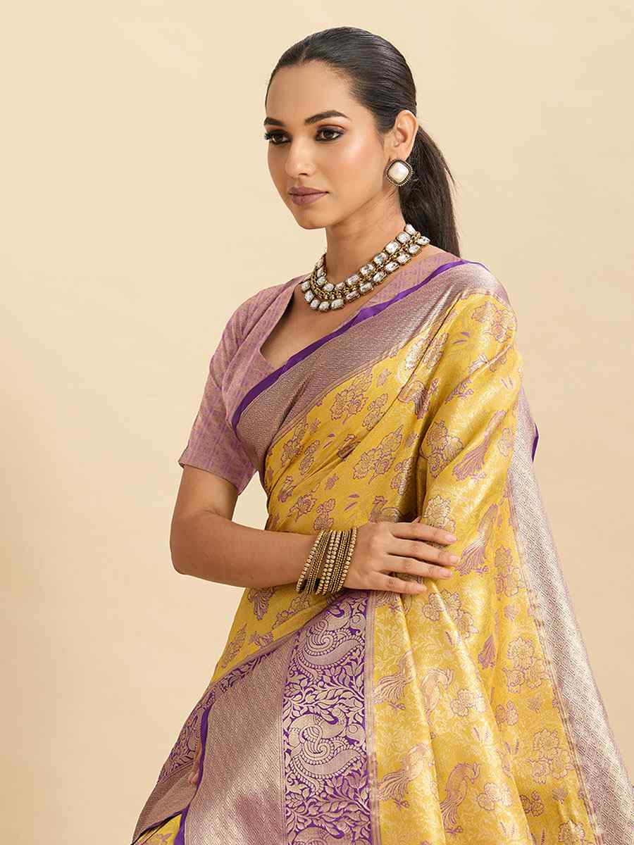 Yellow Kanjivaram Silk Zari Handwoven Bridal Reception Festival Wedding Fancy Heavy Border Saree