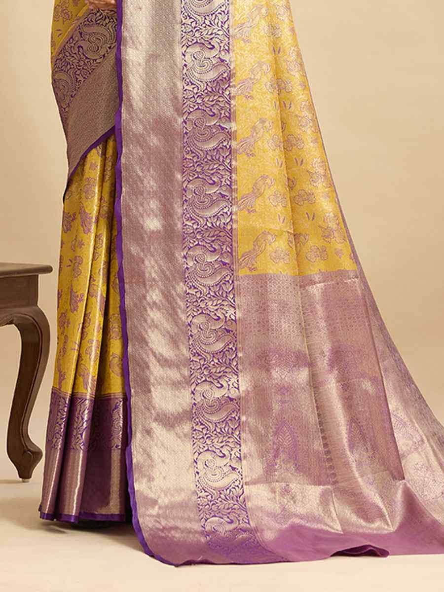 Yellow Kanjivaram Silk Zari Handwoven Bridal Reception Festival Wedding Fancy Heavy Border Saree