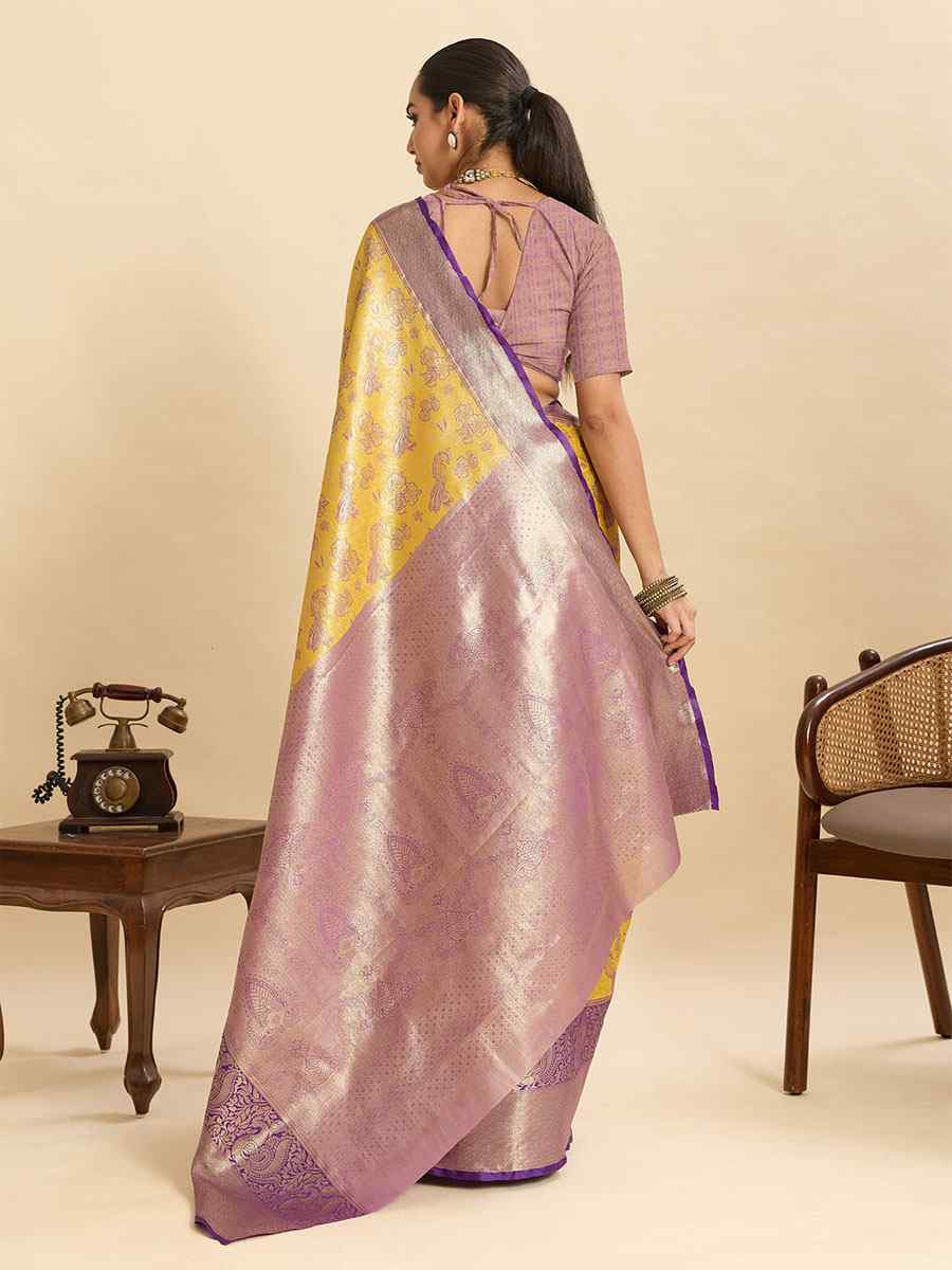 Yellow Kanjivaram Silk Zari Handwoven Bridal Reception Festival Wedding Fancy Heavy Border Saree