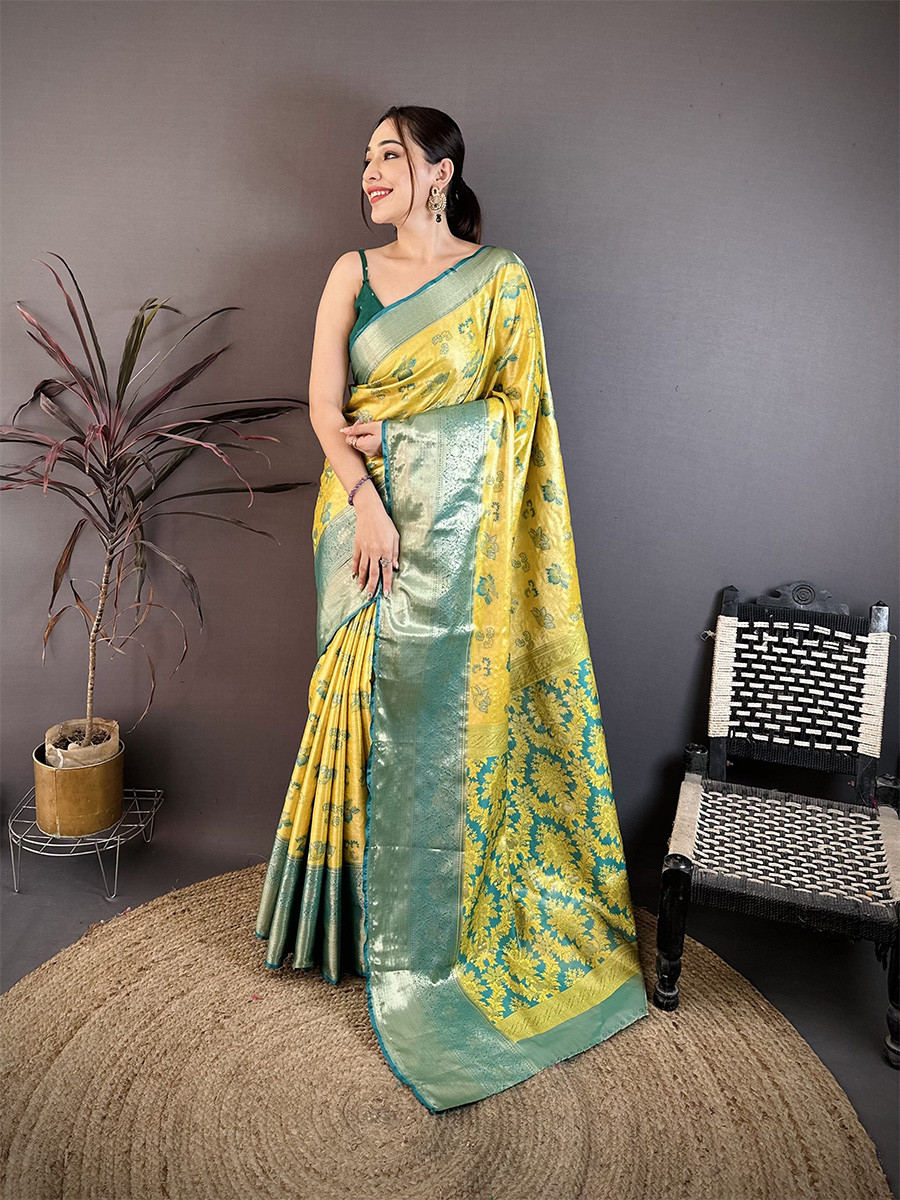 Yellow Kanjivaram Silk Zari Weaving Wedding Reception Party Festival Casual Heavy Border Sarees