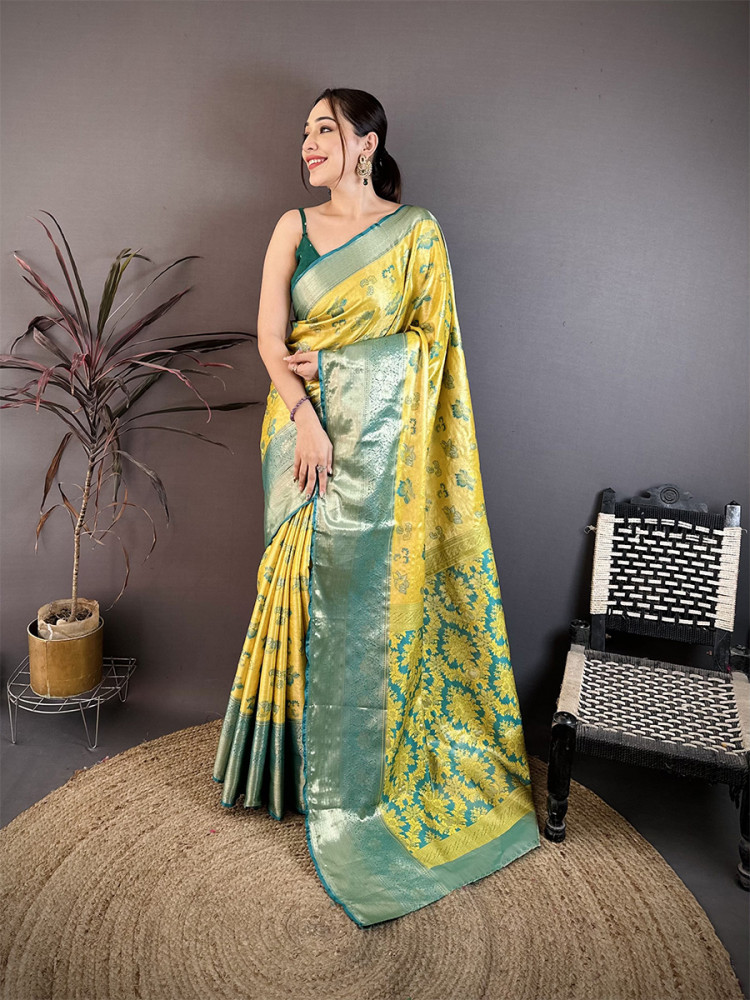 Image of Yellow Kanjivaram Silk Zari Weaving Wedding Reception Party Festival Casual Heavy Border Sarees