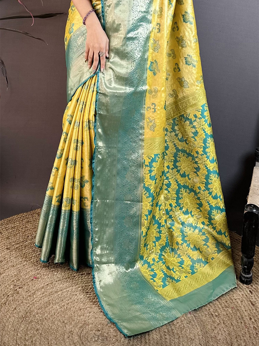 Yellow Kanjivaram Silk Zari Weaving Wedding Reception Party Festival Casual Heavy Border Sarees