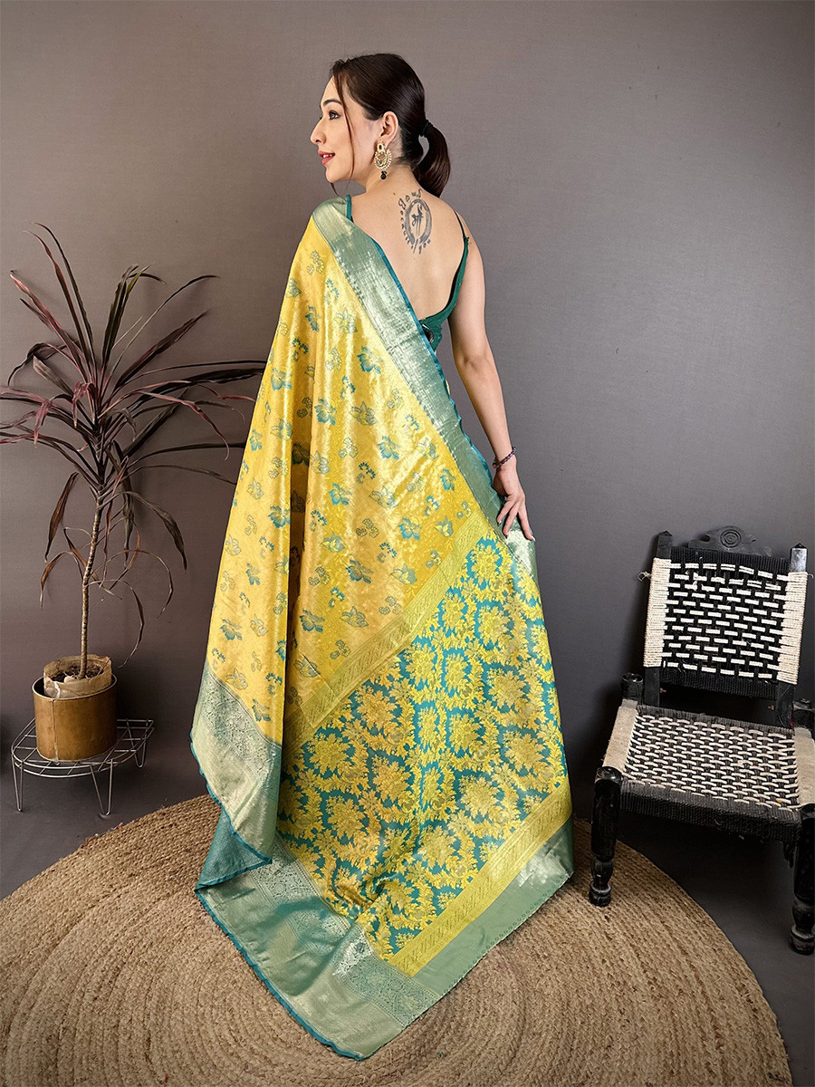 Yellow Kanjivaram Silk Zari Weaving Wedding Reception Party Festival Casual Heavy Border Sarees