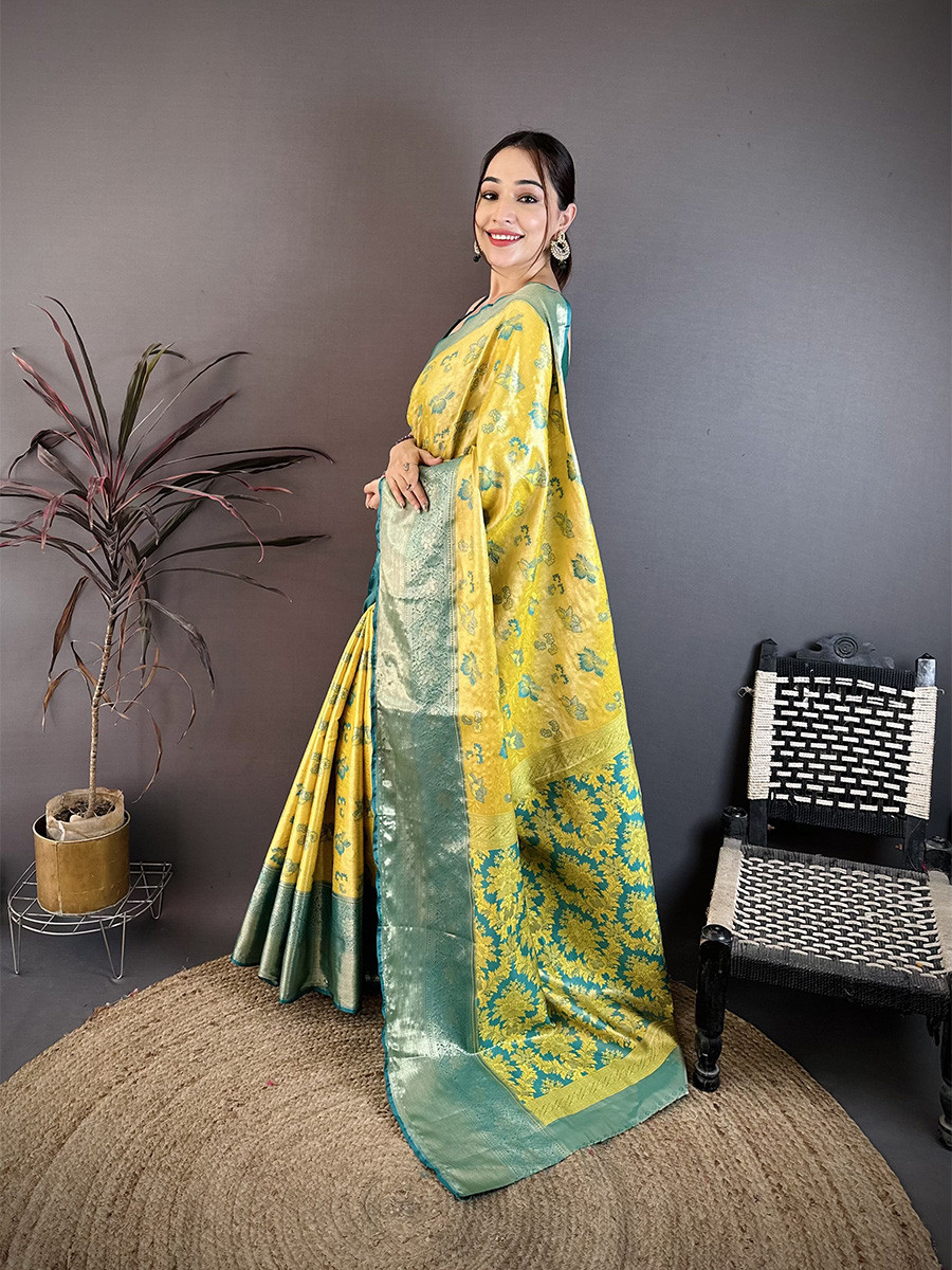 Yellow Kanjivaram Silk Zari Weaving Wedding Reception Party Festival Casual Heavy Border Sarees