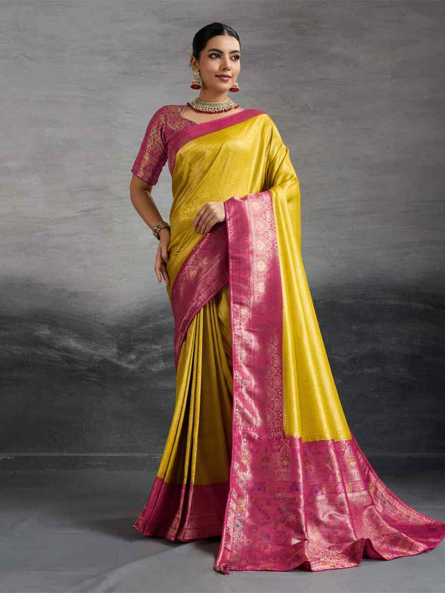 Yellow Kanjivaram Soft Silk Handwoven Traditional Bridal Reception Festival Wedding Fancy Heavy Border Saree