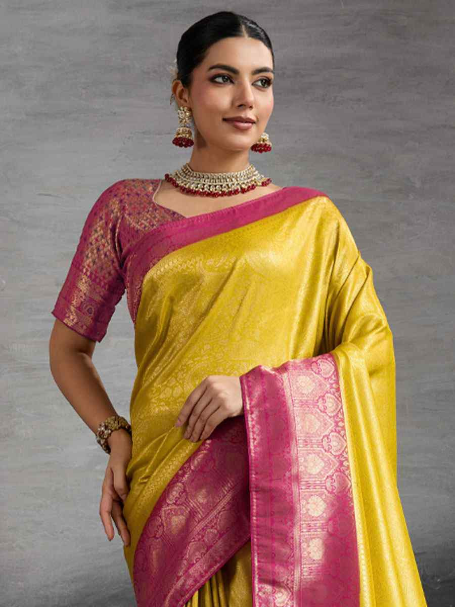 Yellow Kanjivaram Soft Silk Handwoven Traditional Bridal Reception Festival Wedding Fancy Heavy Border Saree